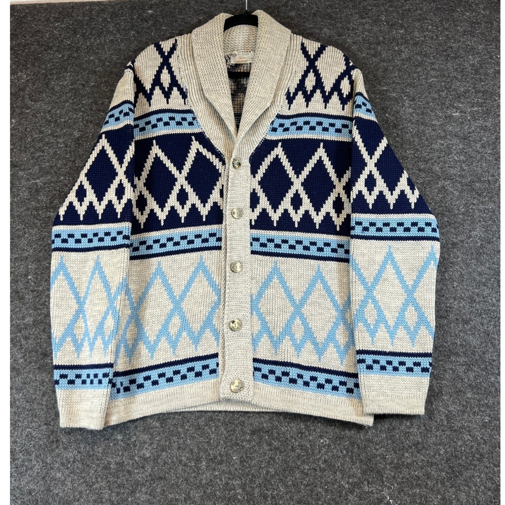 VTG 70s Cowichan Fair Isle Cardigan Mens Large Tundra Virgin Wool Sweater Cozy